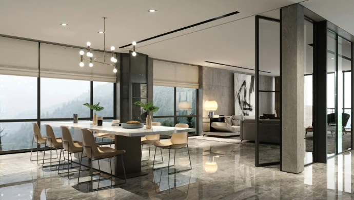 Modern dining room with large windows and mountain view
